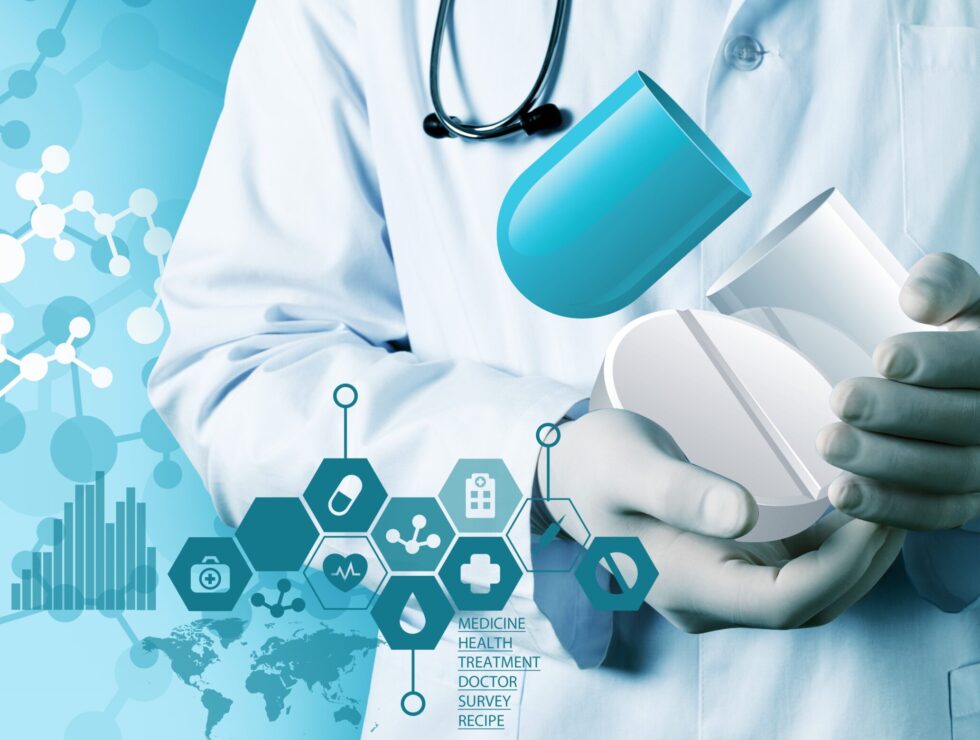 Medical icons and young  doctor with stethoscope